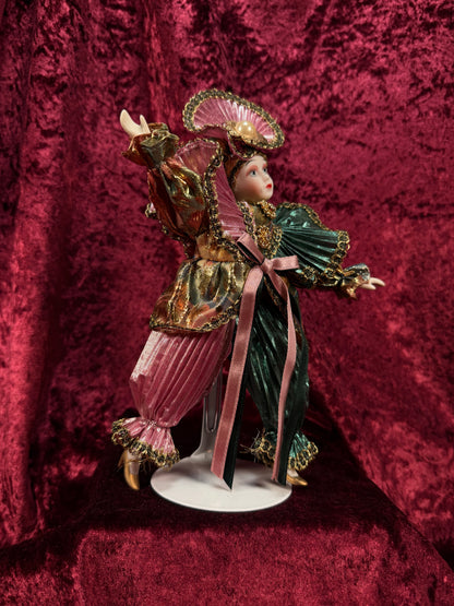 Vintage Porcelain Jester Doll – Metallic Pleated Costume Renaissance Figure - Pink Teal and Gold