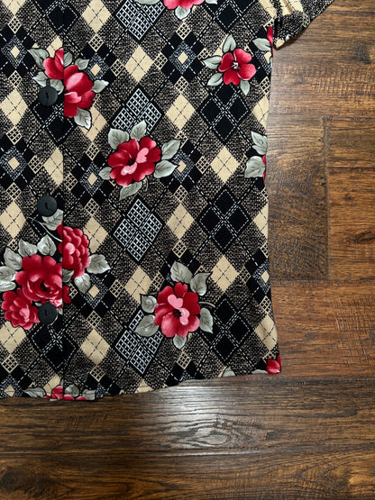 Vintage Rayon Blouse - Argyle Floral Print California Concepts - Large