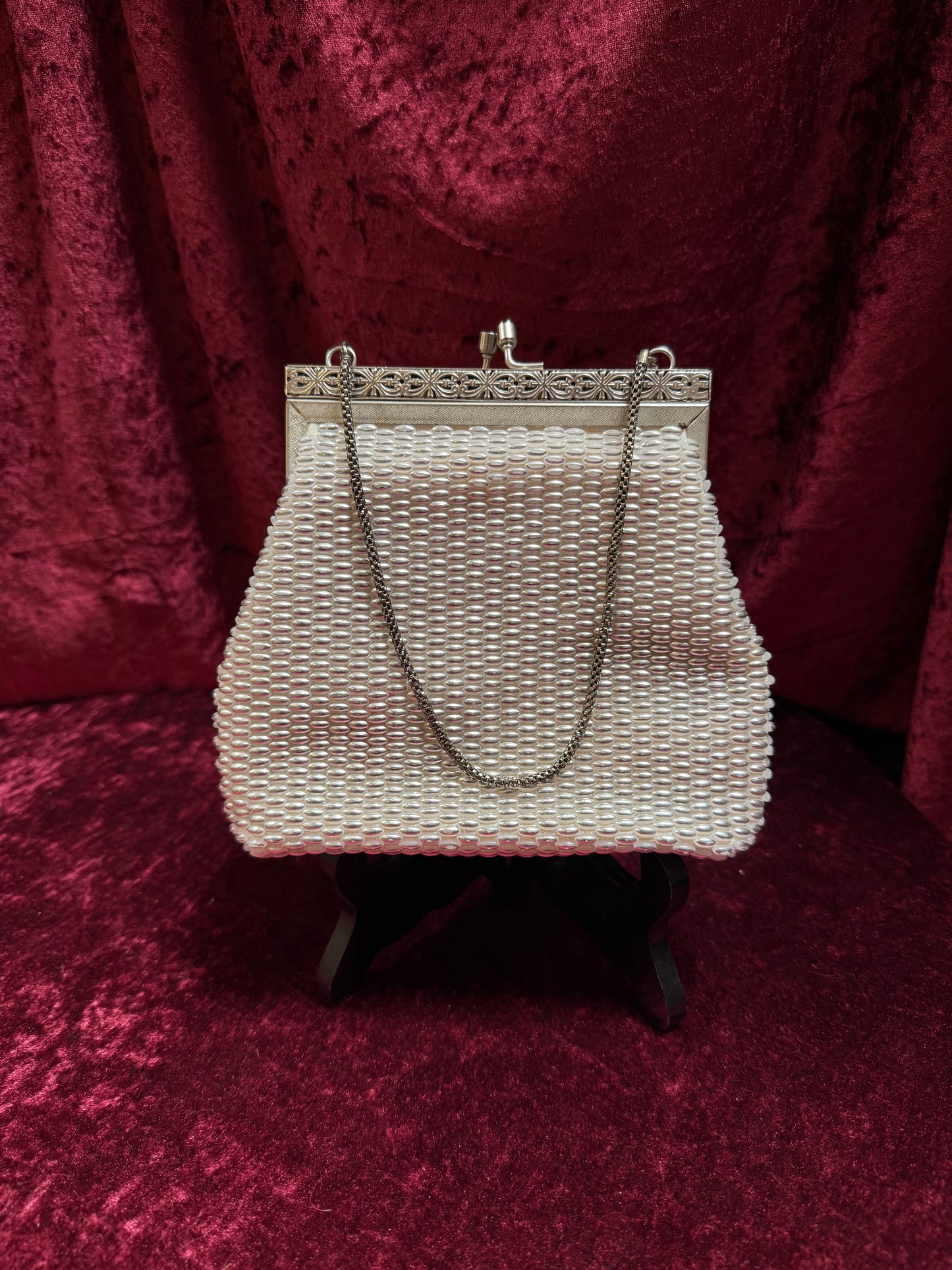Vintage Accessories - 1950s Gems by George Silver Pearled Beaded Evening Purse - Kiss Lock Closure w/ Gold Chain Strap