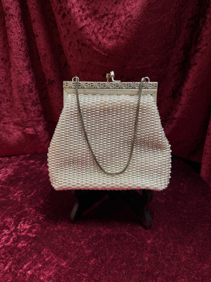 Vintage Accessories - 1950s Gems by George Silver Pearled Beaded Evening Purse - Kiss Lock Closure w/ Gold Chain Strap