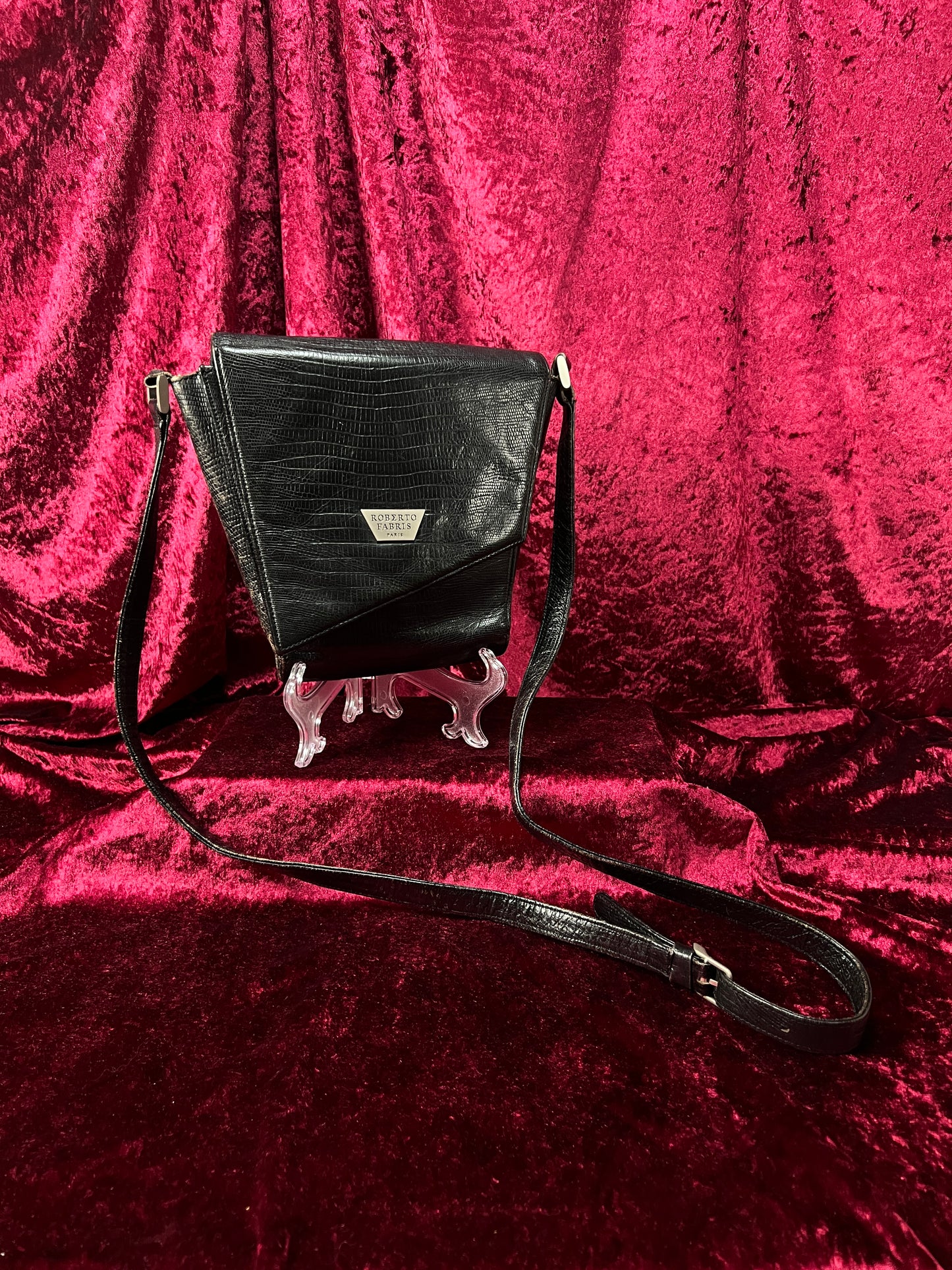 Vintage Roberto Fabris Leather Crossbody Bag - Black Lizard Embossed Purse