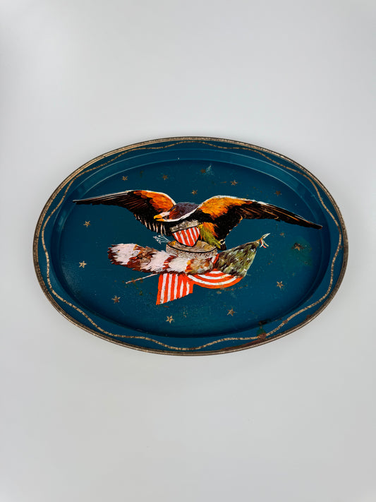 Vintage Oval Metal Serving Tray - Patriotic American Bald Eagle