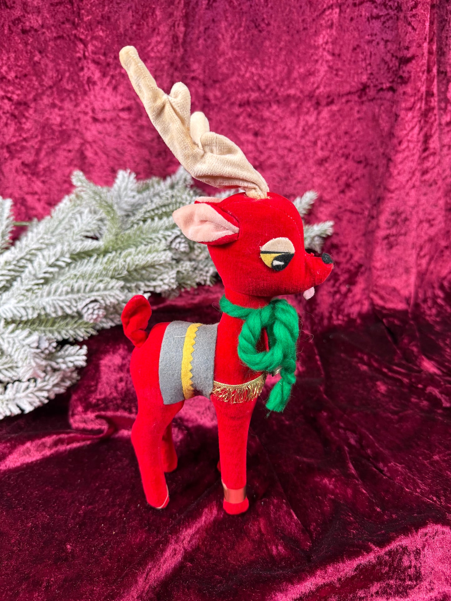 Vintage Christmas - Stuffed Doll - Red Velveteen Reindeer - Japan