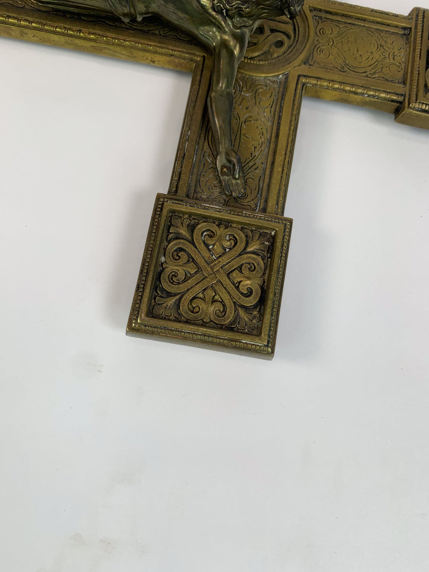 Antique Solid Brass Pectoral Crucifix - Ornate Relief Jesus Statue