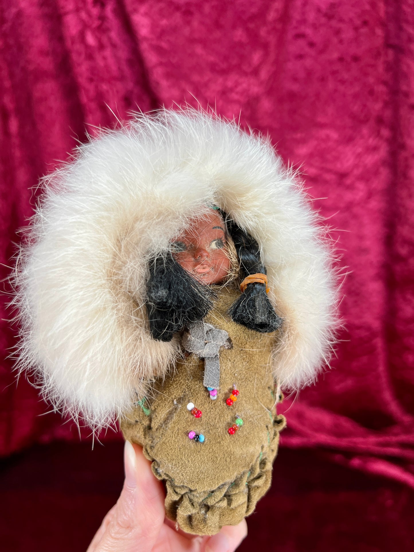 Vintage Souvenir Doll – Baby In Leather Moccasin with Rabbit Fur Trim