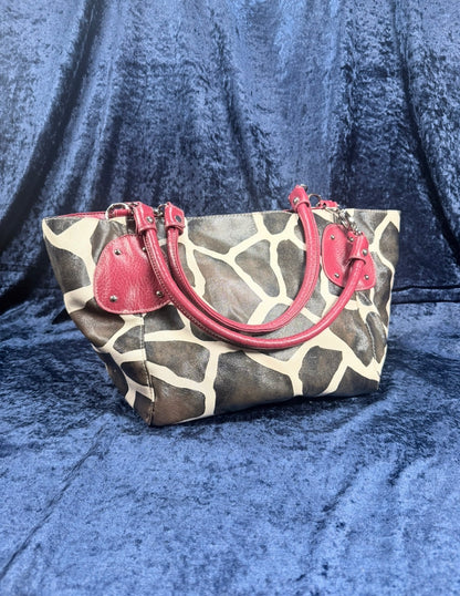 Vintage Y2K Animal Print Tote Bag – Giraffe Pattern Red Trim