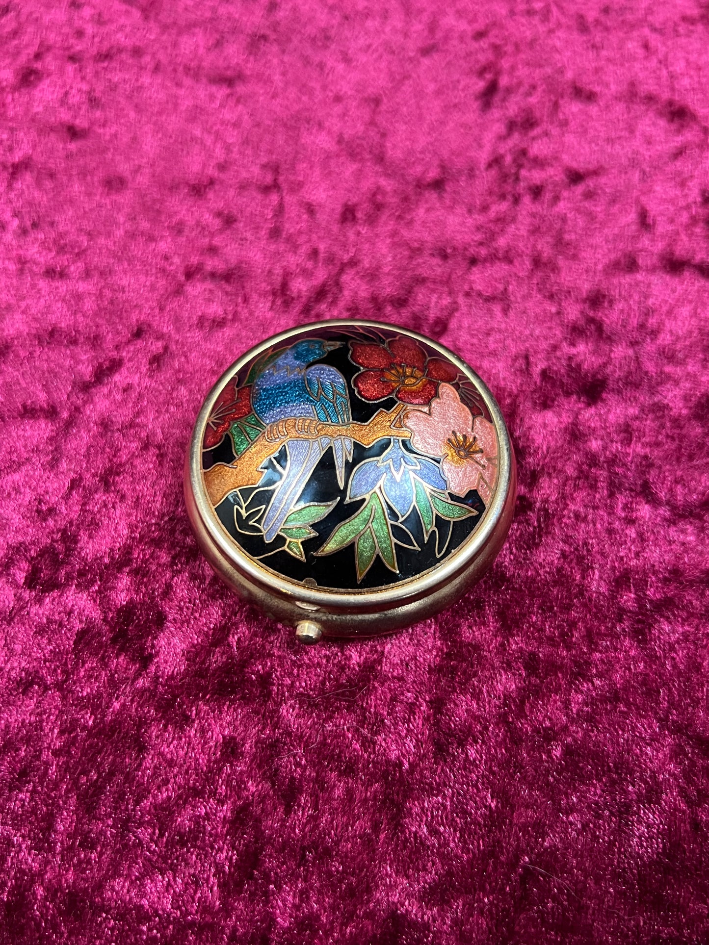 Vintage Vanity - 3-Compartment Pill Box - Cloisonné Lid - Blue Bird In a Flowering Tree