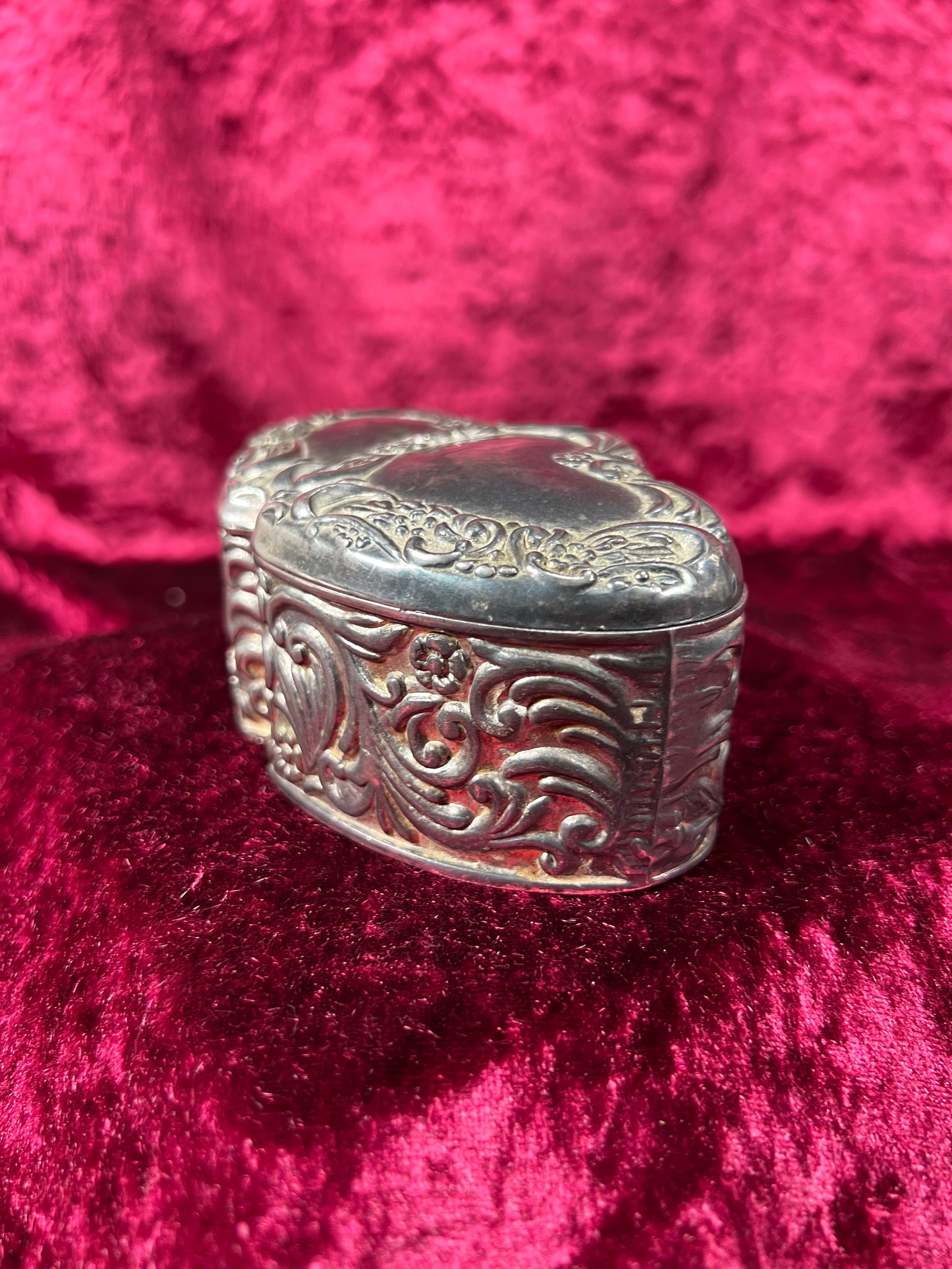 Vintage Jewelry Box - Antique Silver Patina - Double Hearts with Floral Filigree - Red Velvet Lining