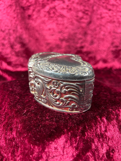 Vintage Jewelry Box - Antique Silver Patina - Double Hearts with Floral Filigree - Red Velvet Lining