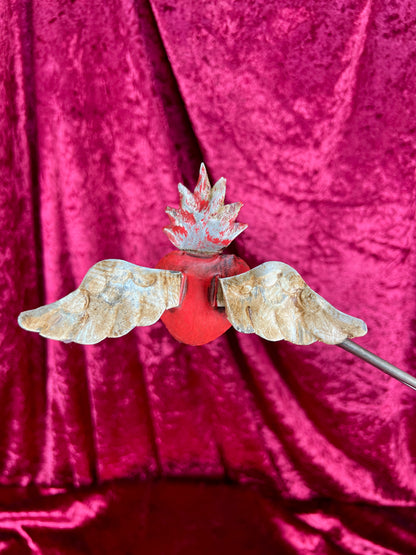 Vintage Wall Art - Painted Tin - Winged Sacred Milagro Heart