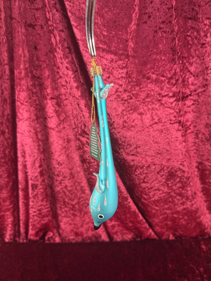 Vintage Christmas - Handblown Glass Ornament - Blue Dolphin with Silver Glitter - Whitehurst Imports