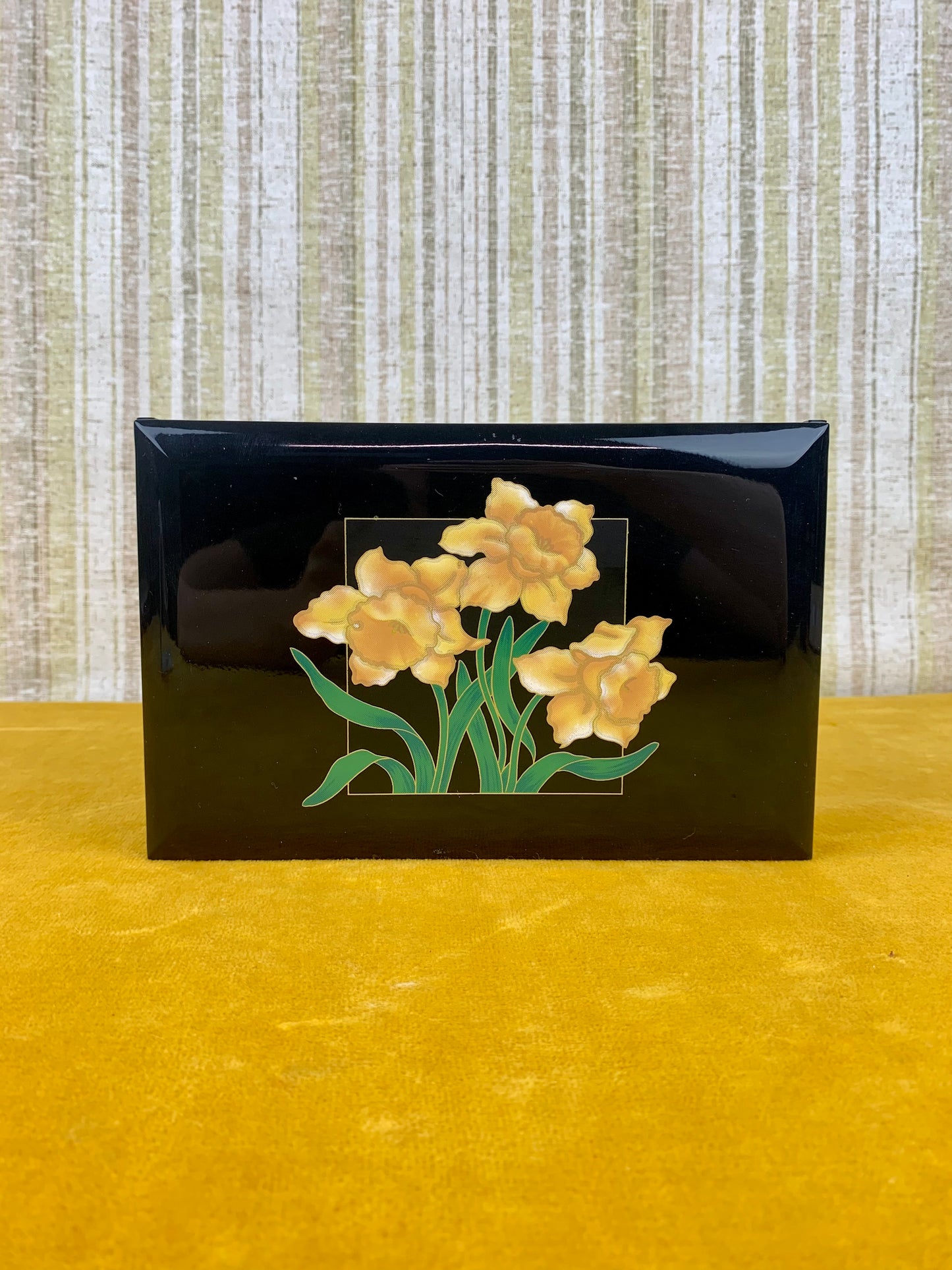 Vintage Lacquerware Mirrored Musical Jewelry Box - Yellow Daffodils - Made in Japan