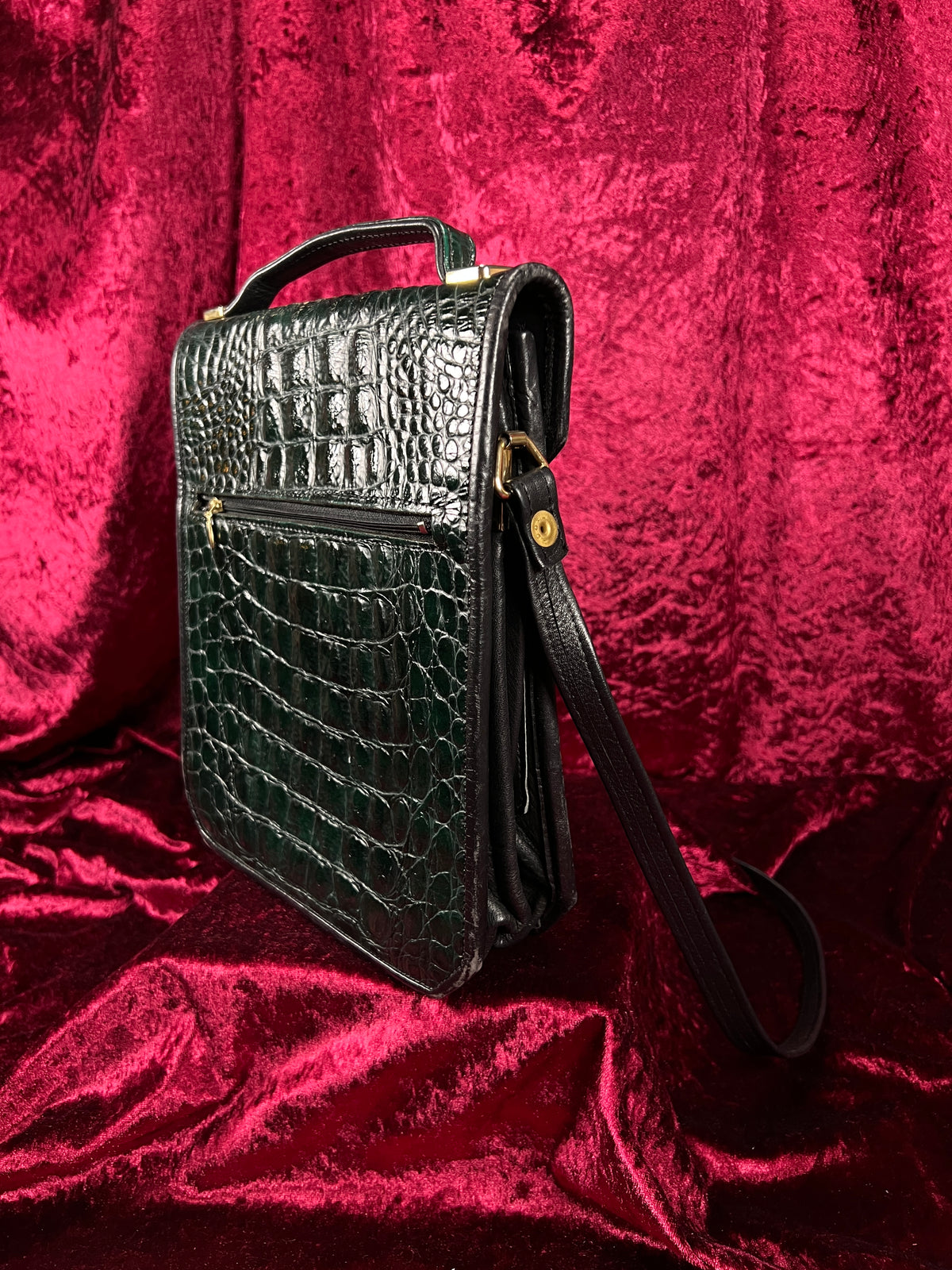 Vintage Emerald Green Leather Crossbody Bag - Croc Embossed Top Handle Purse