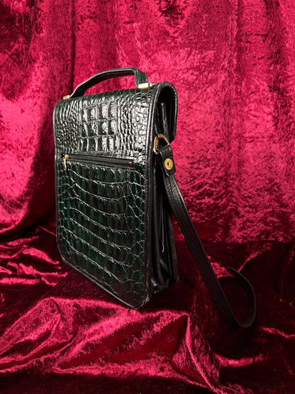 Vintage Emerald Green Leather Crossbody Bag - Croc Embossed Top Handle Purse