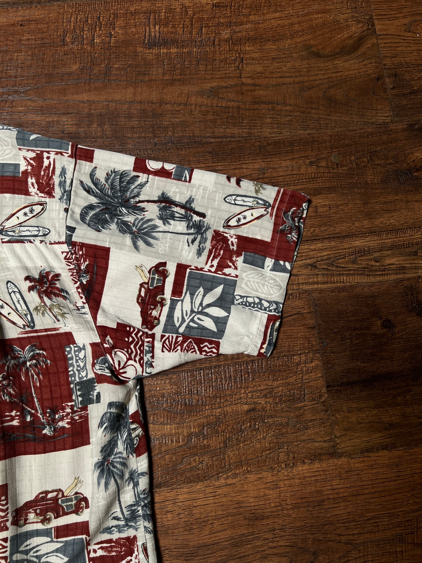 Vintage Paradise Blue Silk Rayon Shirt – Hawaiian Surf Car Print – Size Large