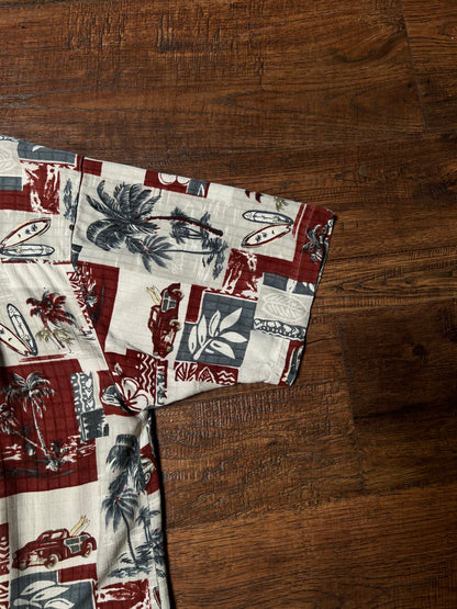Vintage Paradise Blue Silk Rayon Shirt – Hawaiian Surf Car Print – Size Large