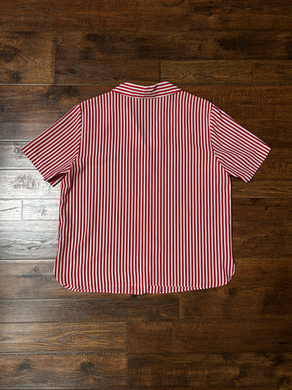 Vintage Liz Baker Petite Polyester Blouse – Red & White Striped Button Up – Large
