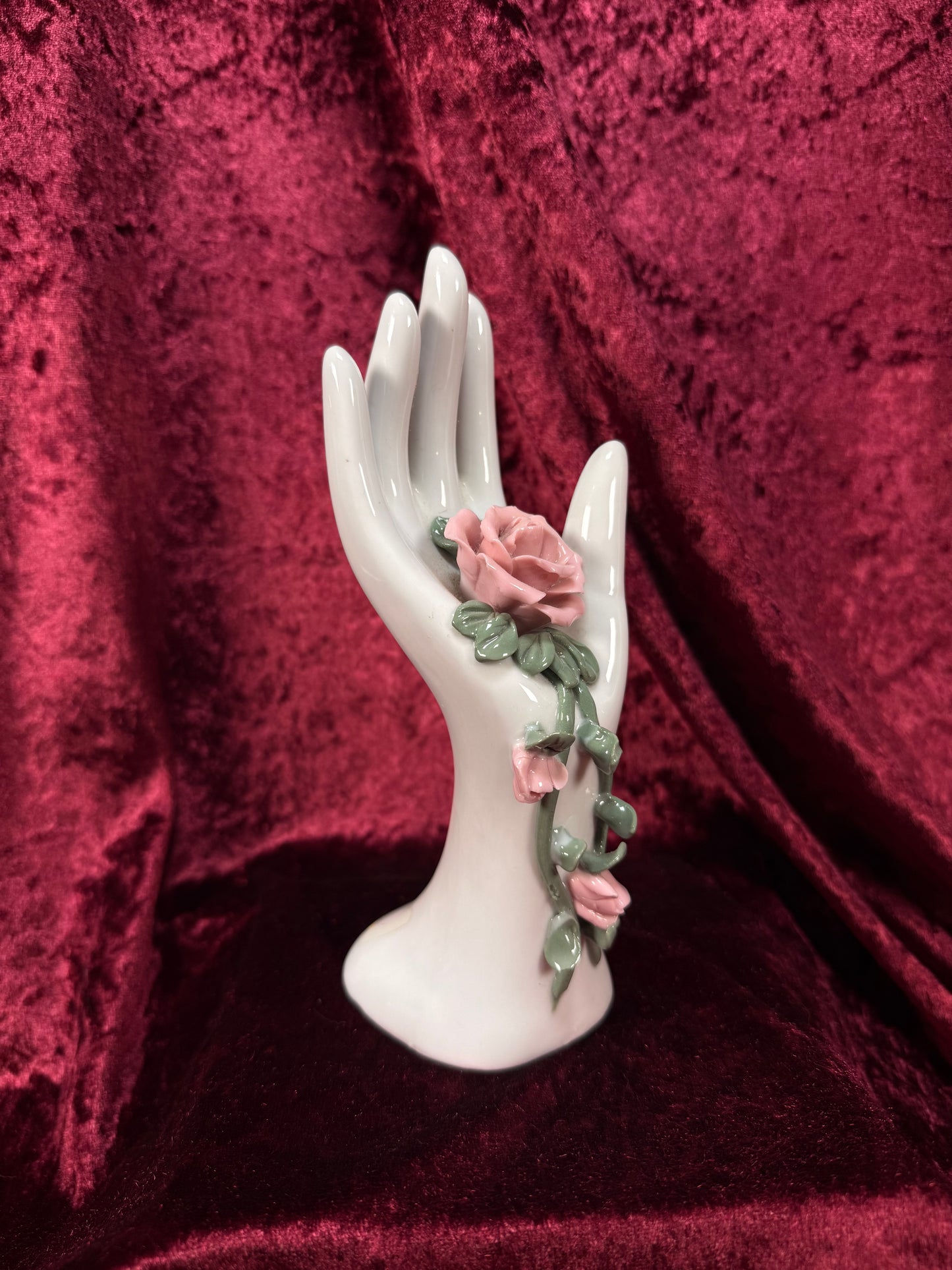 Vintage Porcelain Hand Ring Holder – Pink Rose Vanity Display