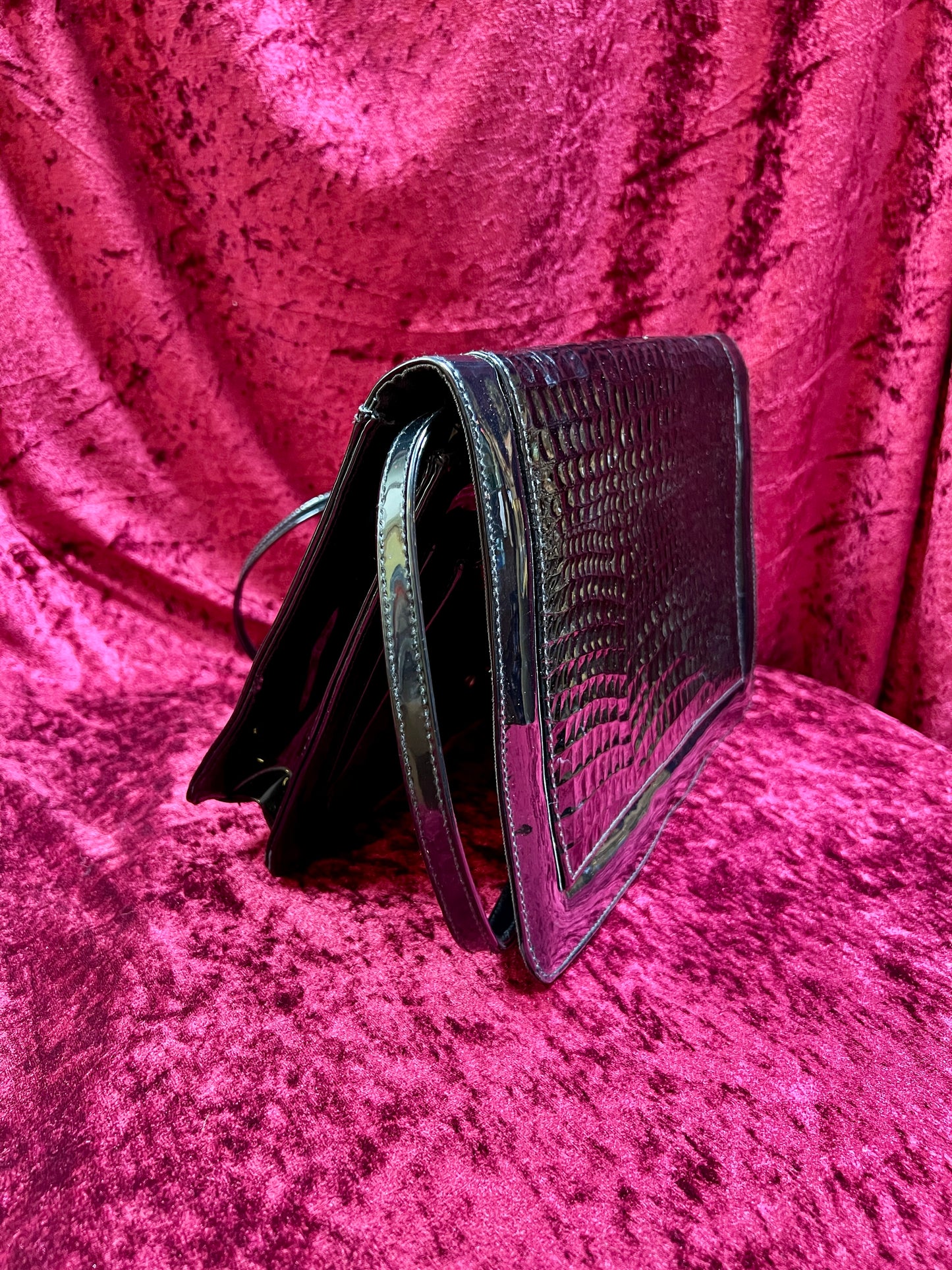 Vintage Accessories - Convertible Purse - Black Faux Patent Leather - Crocodile Skin Flap - Tandem Bags of California
