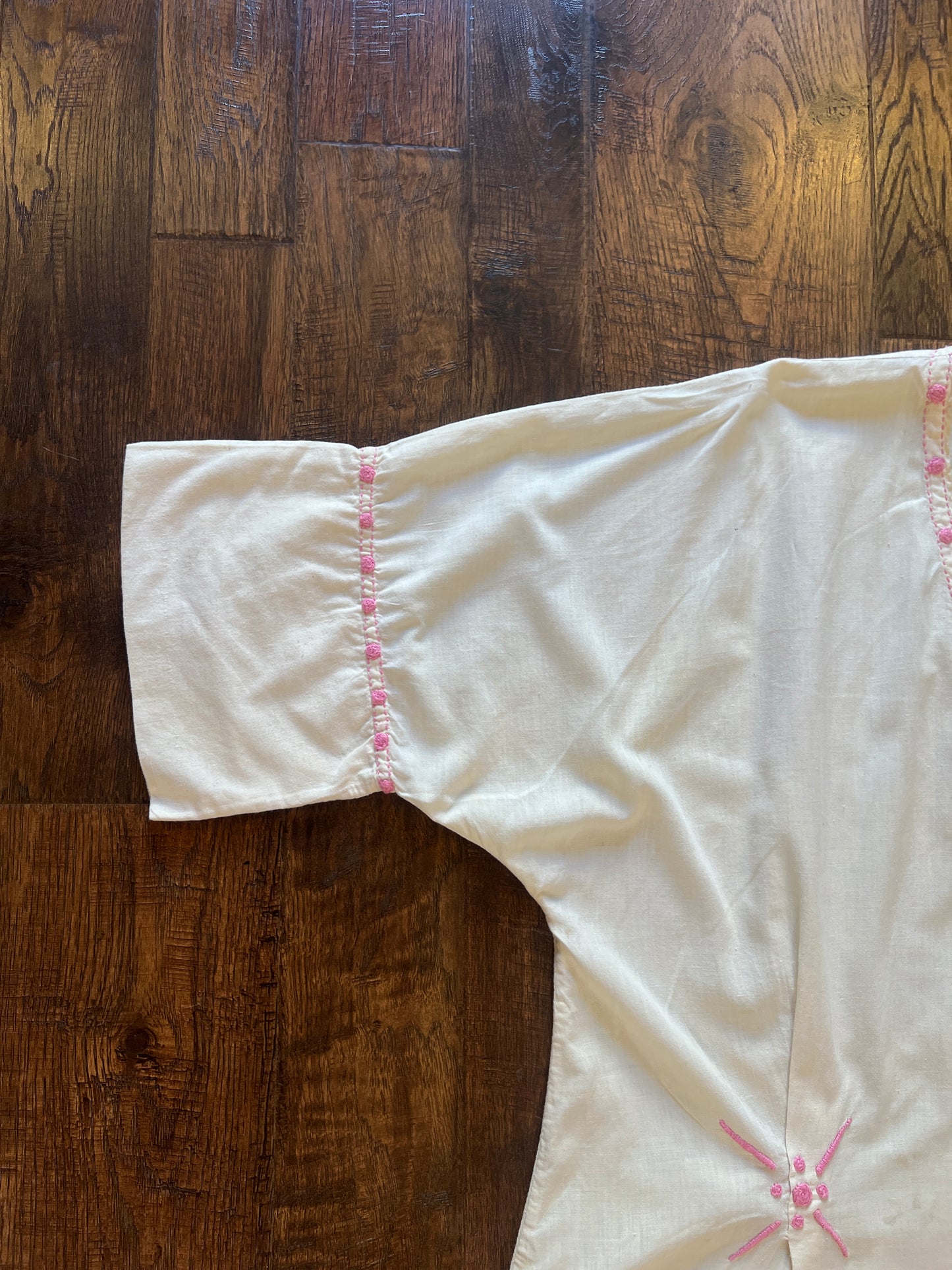 Vintage Handmade Cotton Linen Caftan - Pink Embroidered Boho Tunic Dress - Medium