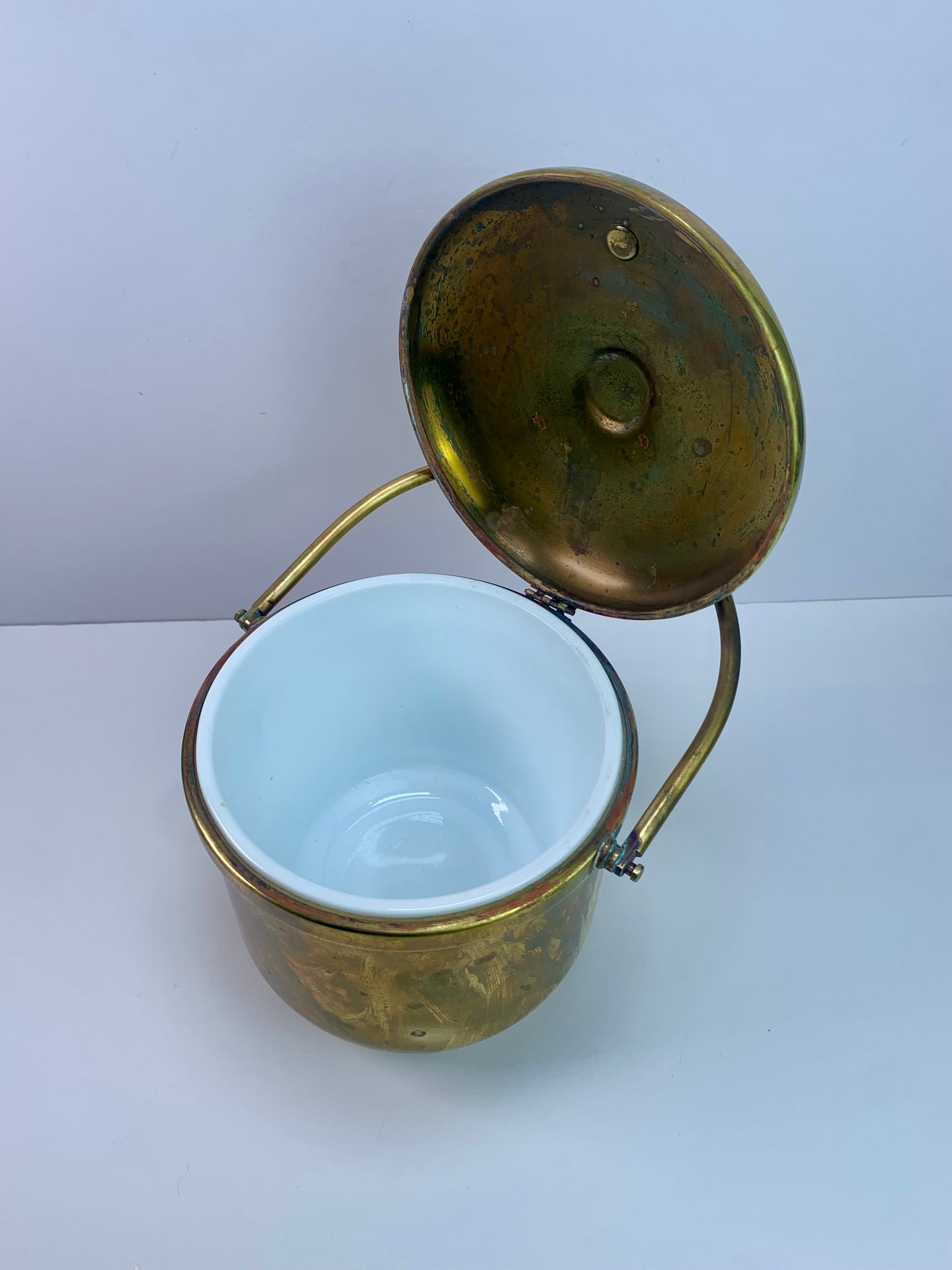 Vintage Barware - Solid Brass Ice Bucket - Hinged Lid - Porcelain Inner - 1920s