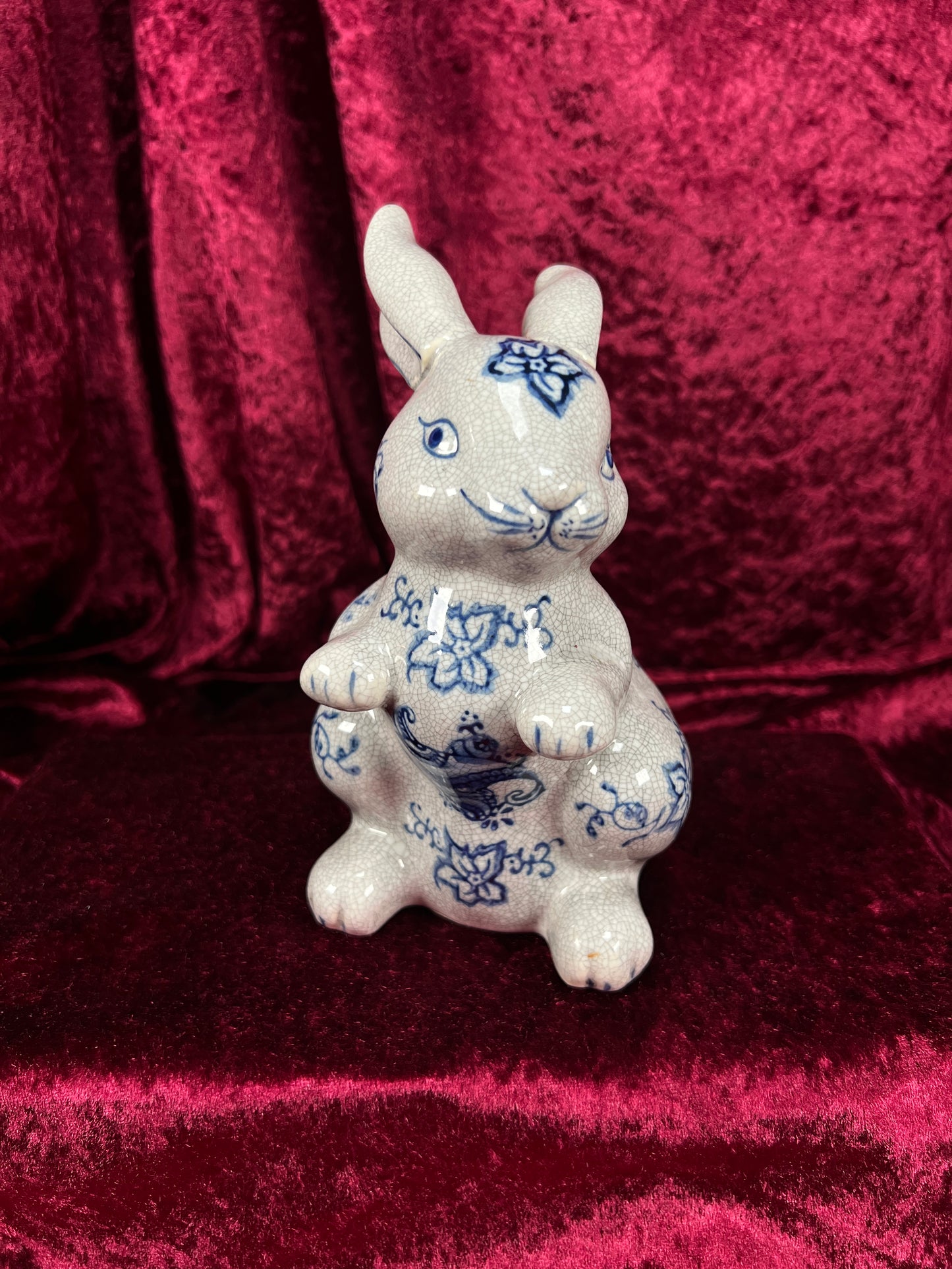 Vintage Ceramic Rabbit Figurine - Blue and White Floral Crackle Finish - Baum Bros