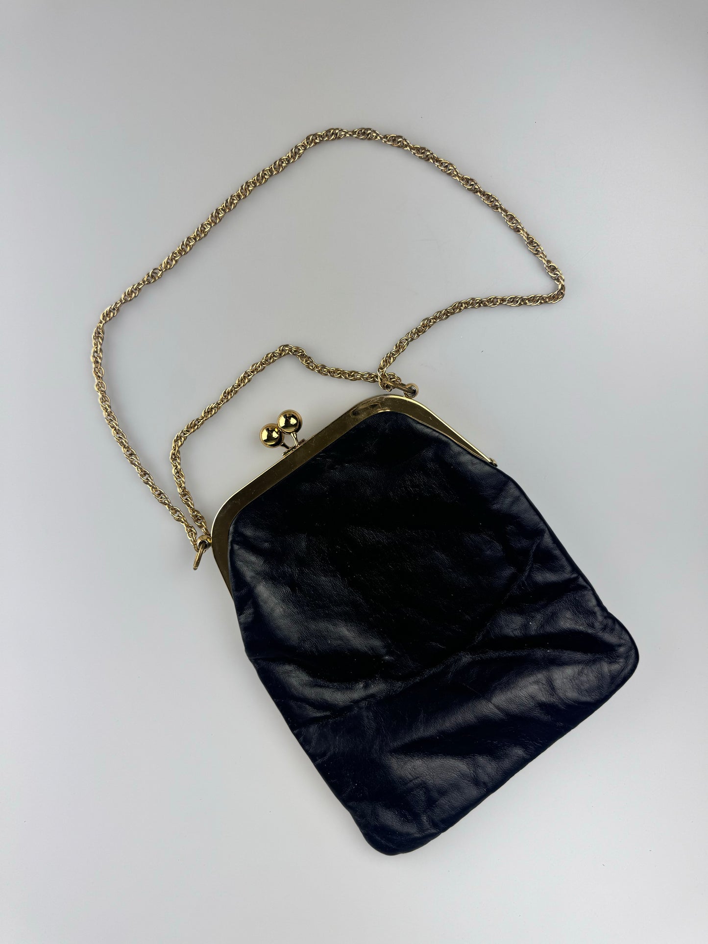 Vintage Purse - Triangle New York Black Leather Bag - Snap Closure Chain Strap