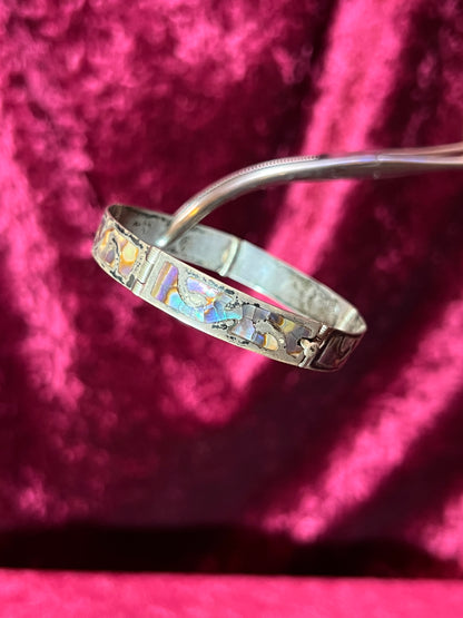 Vintage Jewelry - Bangle Bracelet - Sterling Silver - Inlaid Abalone Shell Panels - Mexico