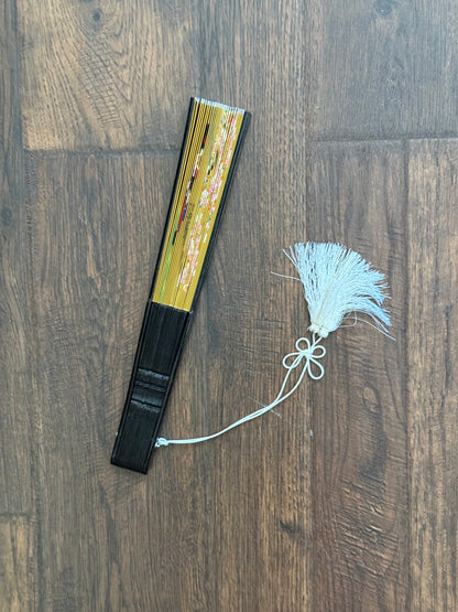 Vintage Paper Fan - Gold Paper Japanese Sakura Blossoms with Geisha