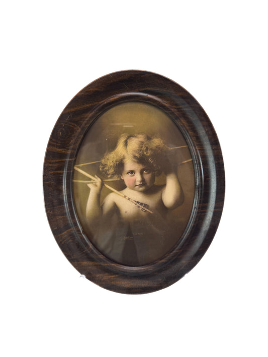 Antique Victorian Wall Art - Cupid Awake - 1897 M B Parkinson 10.5" x 8" Oval Frame