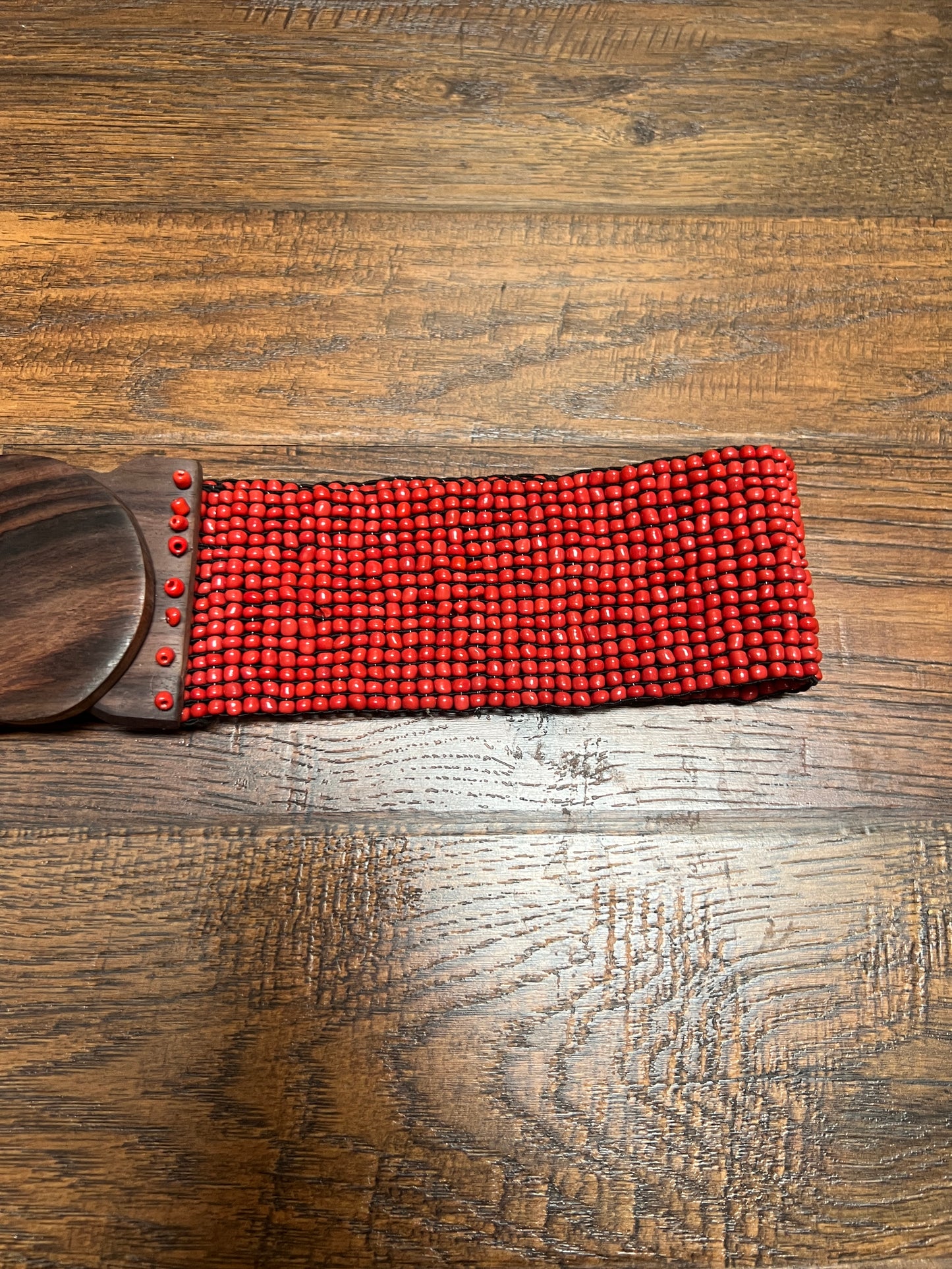 Vintage Style Accessories - Glass Seed Beaded Waist Belt with Wood Buckle - Red - 31.5"