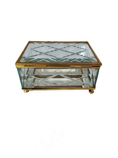 Vintage Jewelry Box - Pillow Cut Beveled Glass - Mirrored Bottom - Brass Feet