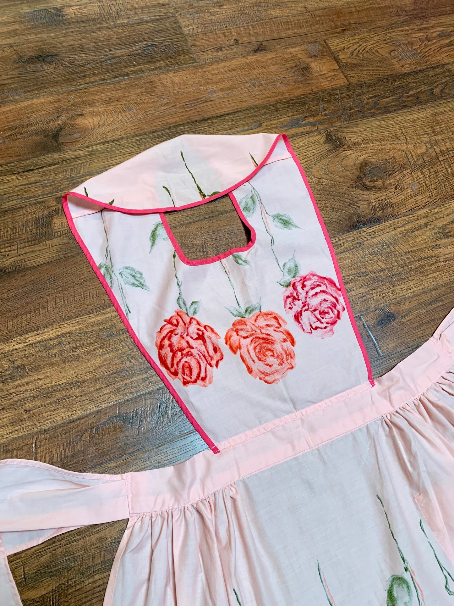 Vintage Pinafore Apron - Pink with Red Roses