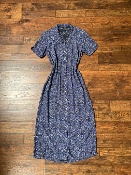 Vintage Clothing - Button Front Short Sleeve Dress - Blue Floral - Medium