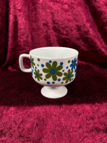 Vintage 1970s Pedestal Mug & Saucer Mismatched Set - Groovy Blue Green Daisies