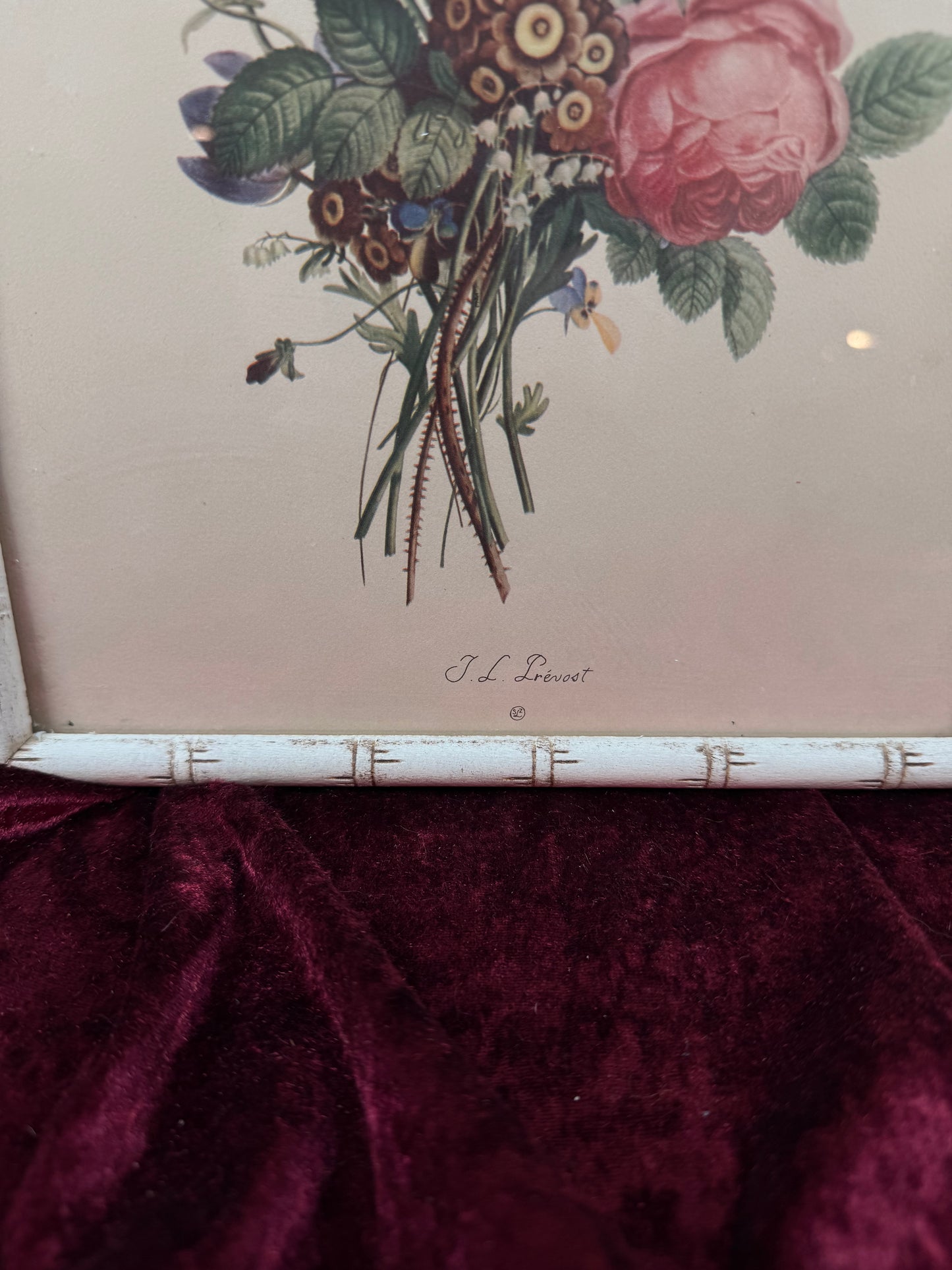 Vintage Framed Botanical Print – Romantic Floral Bouquet Bamboo Style Frame