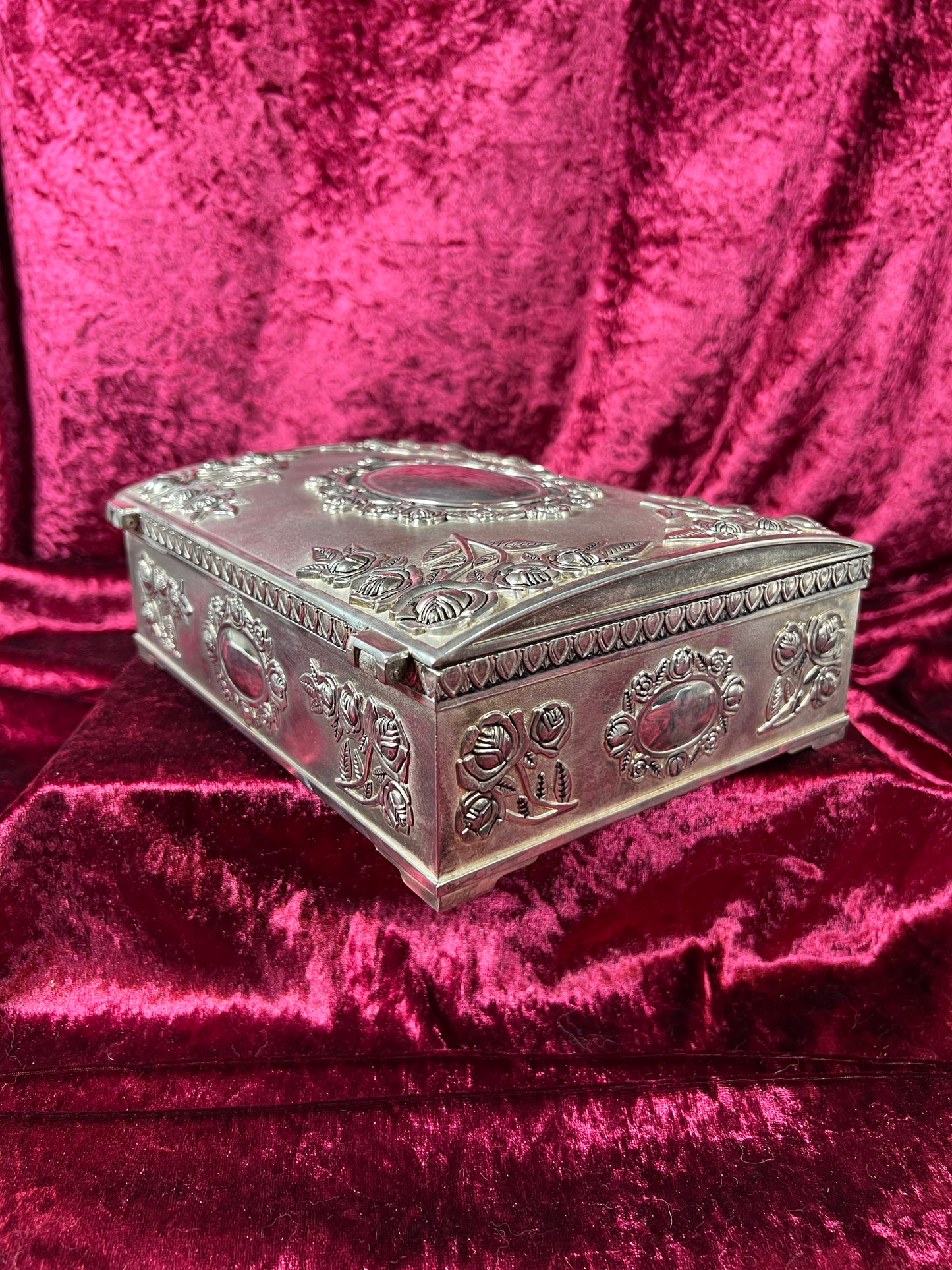 Vintage Vanity - Large Jewelry Box - Ornate Silver Rose Filigree - Red Felt Lining