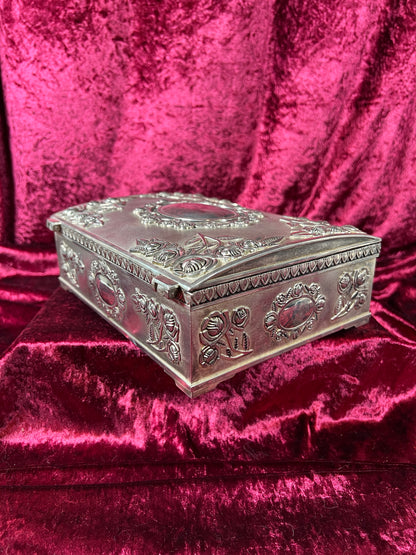 Vintage Vanity - Large Jewelry Box - Ornate Silver Rose Filigree - Red Felt Lining