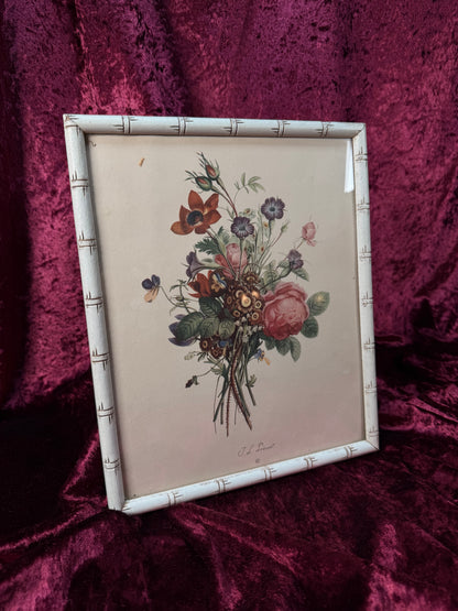 Vintage Framed Botanical Print – Romantic Floral Bouquet Bamboo Style Frame