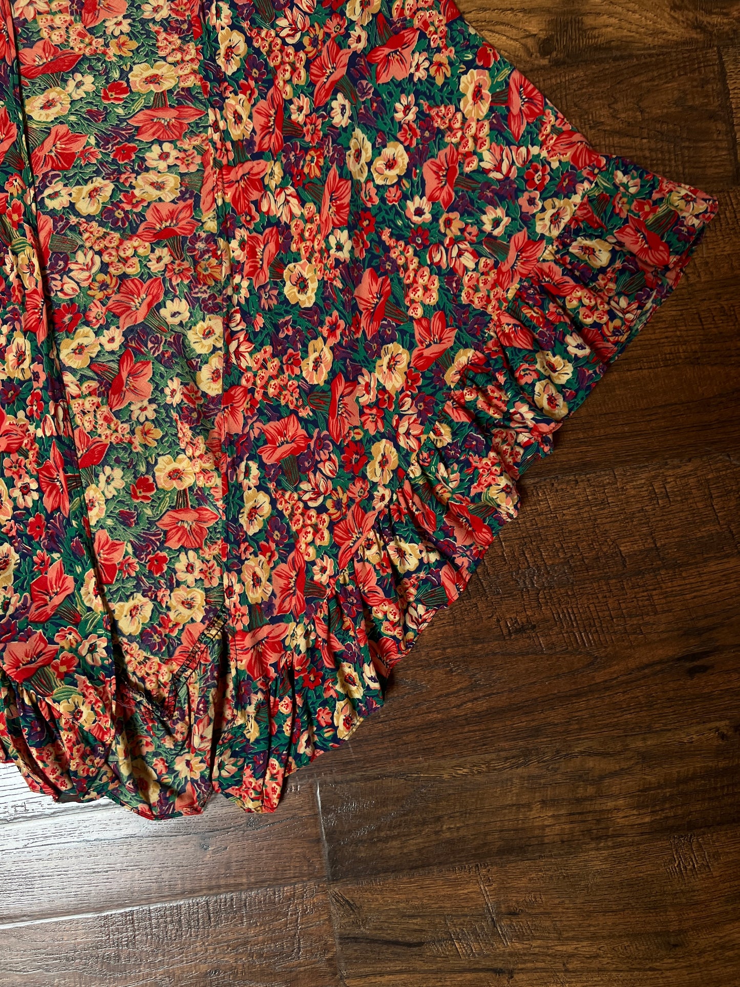 Vintage Cotton Shawl - Autumn Floral Print Ruffle Trim Handmade Wrap