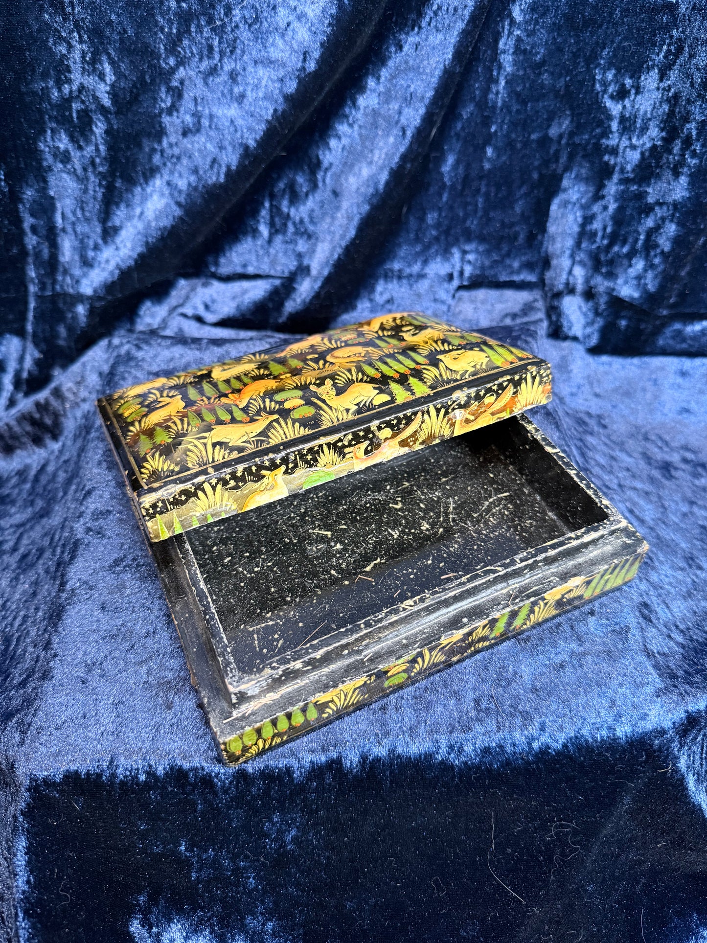 Vintage Papier-Mâché Trinket Box - Hand-Painted Kashmiri Woodland Animals