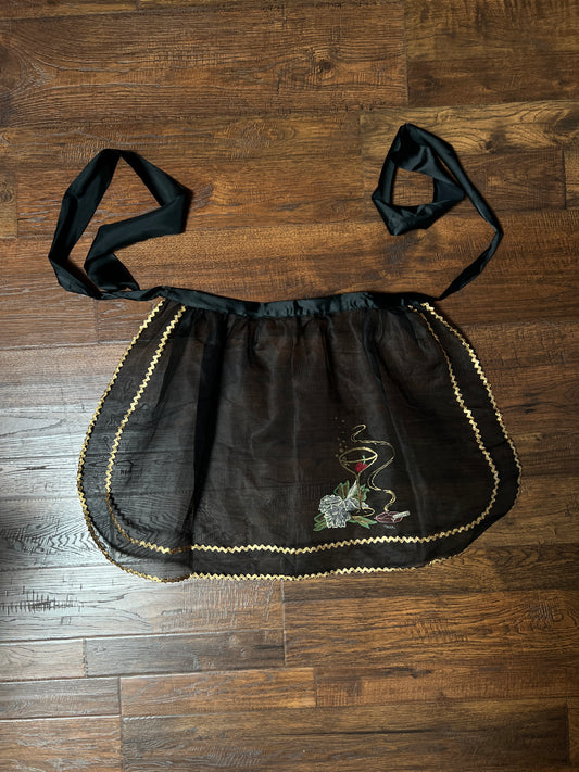 Vintage Mid Century Sheer Black Half Apron — Hand Painted Martini Cigarette with Gold Trim