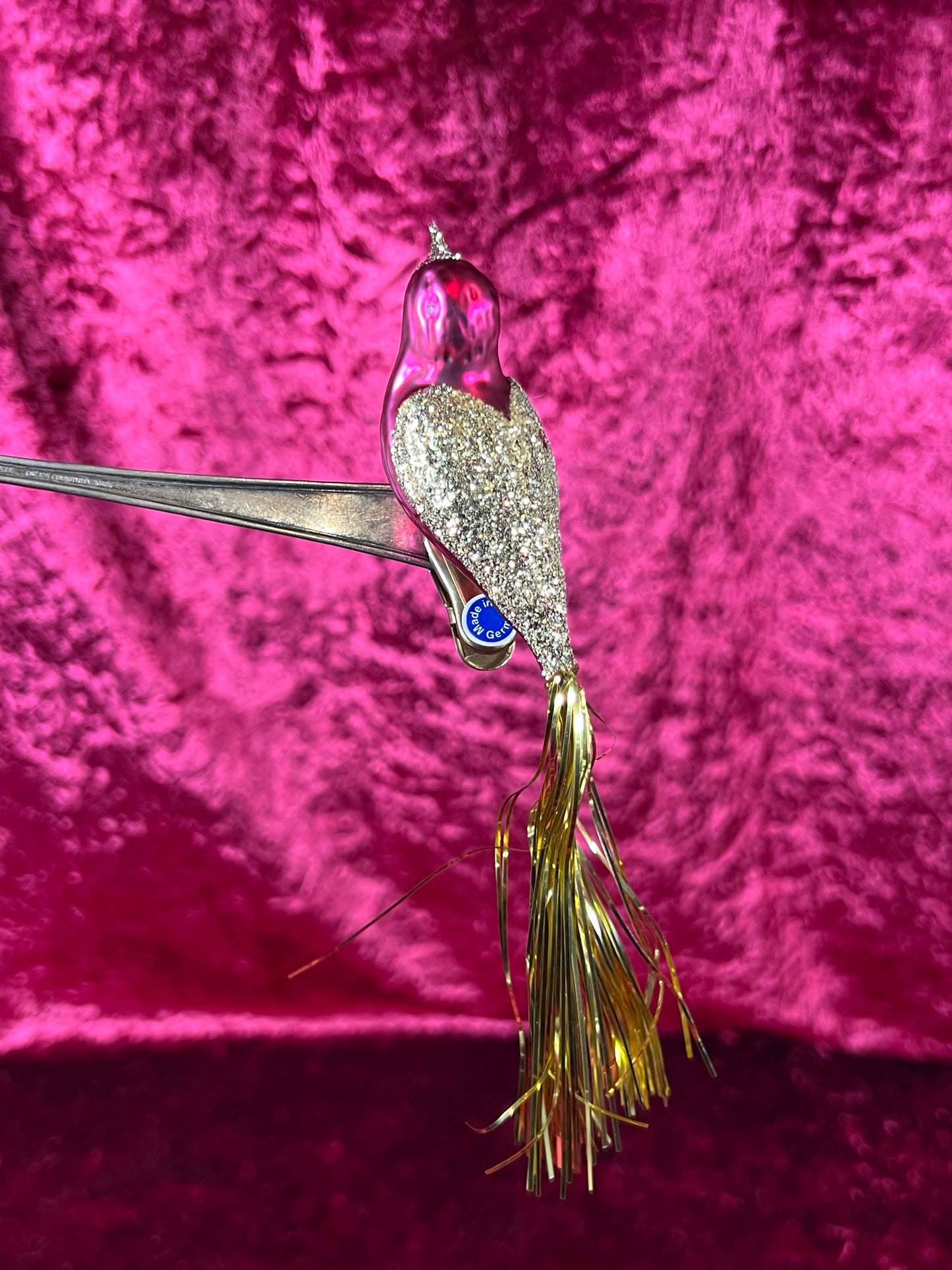 Vintage Christmas - Glass Clip-On Ornament - Burgundy Cardinal with Gold Tinsel Tail - German