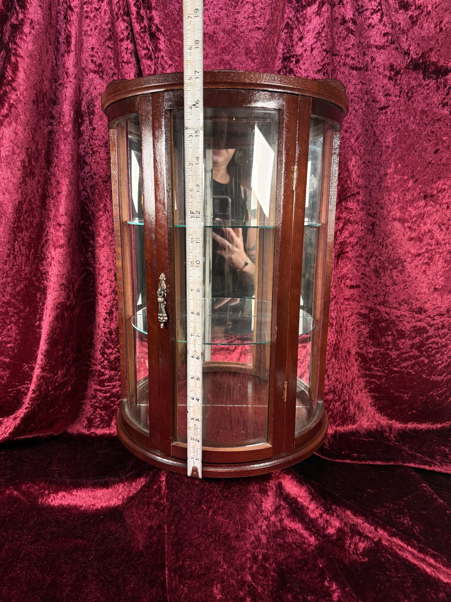 Vintage Curio Cabinet - Table Top Wood Curved Glass Cabinet - Mirrored Back - Glass Shelves - 20" Tall