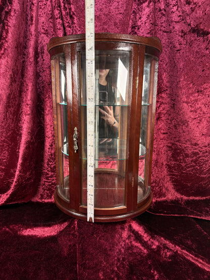 Vintage Curio Cabinet - Table Top Wood Curved Glass Cabinet - Mirrored Back - Glass Shelves - 20" Tall