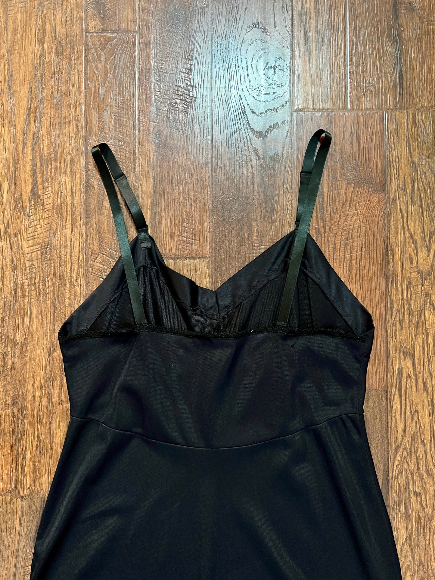 Vintage Nylon Spaghetti Strap Slip Dress - Black with Scalloped Embroidery - Mistra