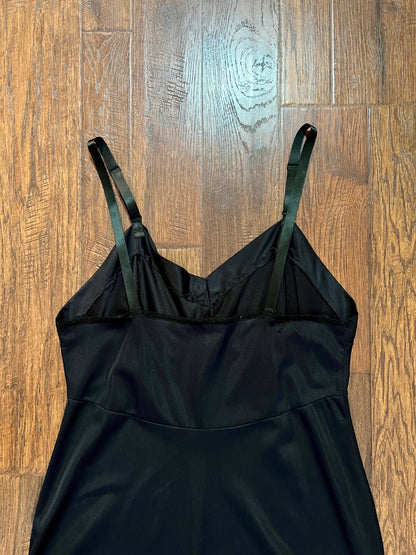Vintage Nylon Spaghetti Strap Slip Dress - Black with Scalloped Embroidery - Mistra