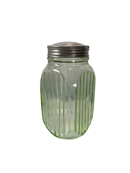 Vintage Uranium Glass - Ribbed Spice Jar with Original Lid - Depression Era