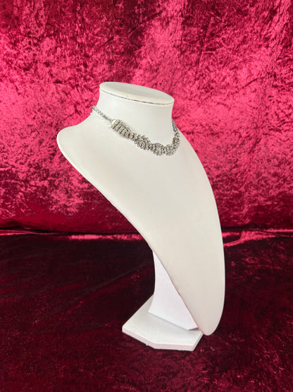 Vintage Jewelry - Collar / Choker Necklace - Silver Tone Metal - Braided Clear Rhinestones - 17.5”