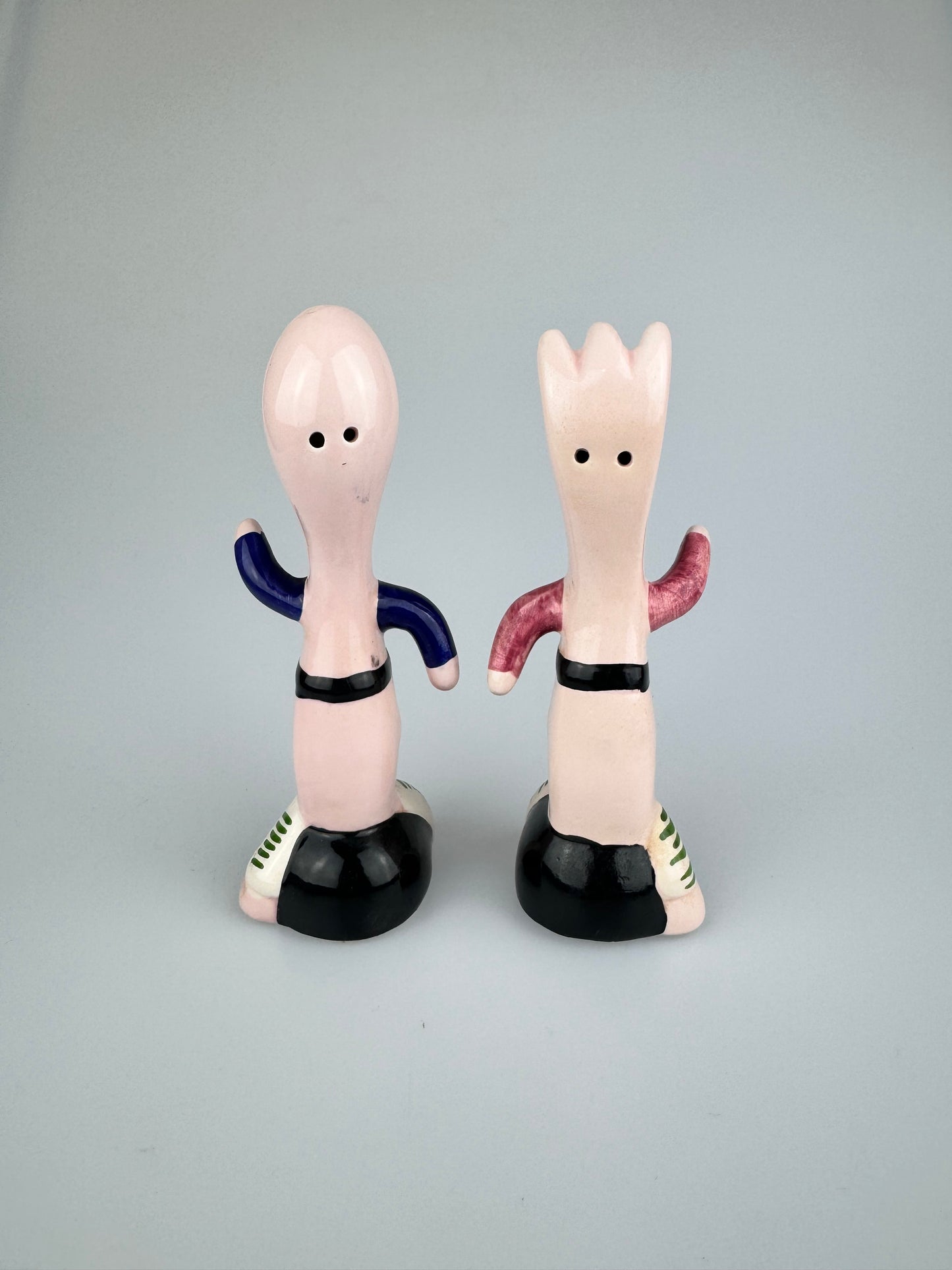 Vintage Anthropomorphic Pink Running Fork & Spoon Salt & Pepper Shakers